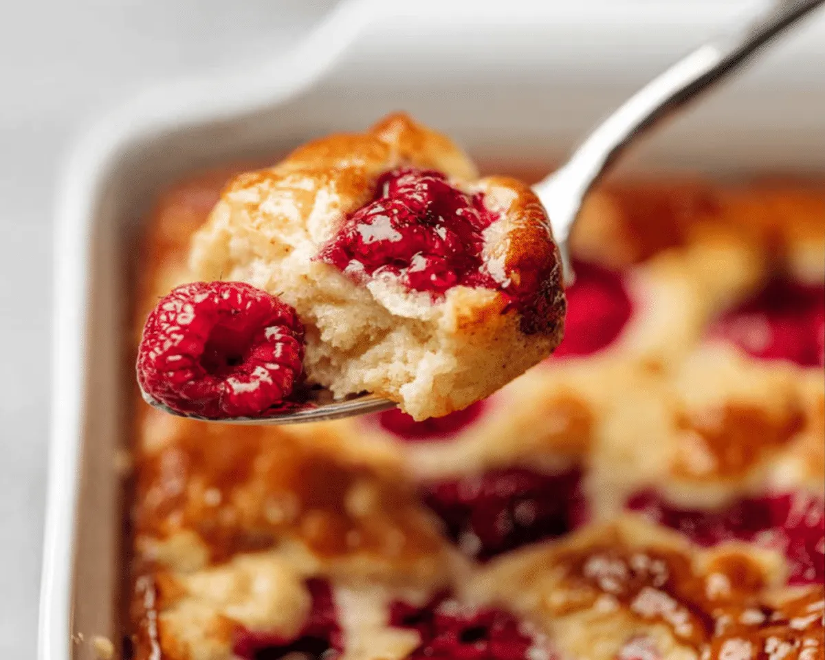 Close-up spoonful of fluffy pancake with raspberry on top
