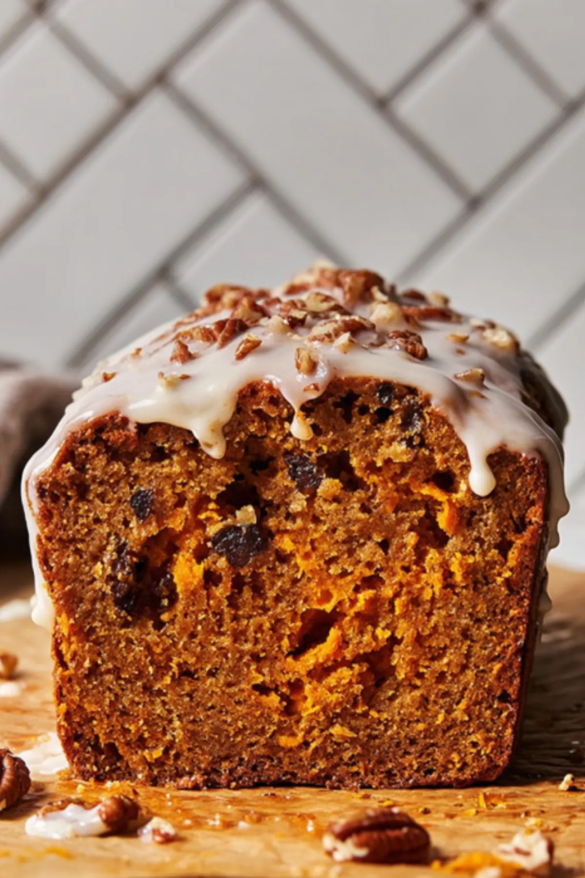 close up of sweet potato bread slice with white glaze and nuts