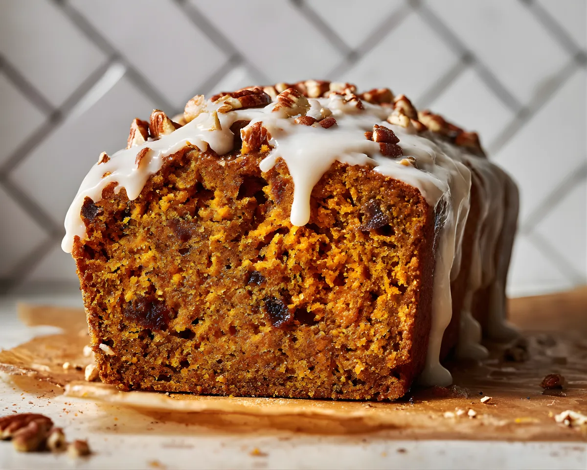 sweet potato bread loaf with icing drizzle and pecans on parchment paper