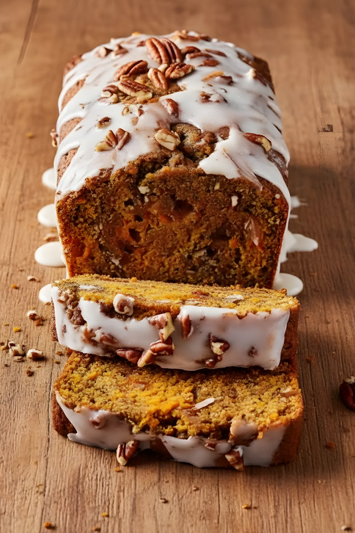 top view of sweet potato bread with icing and pecans on wooden surface
